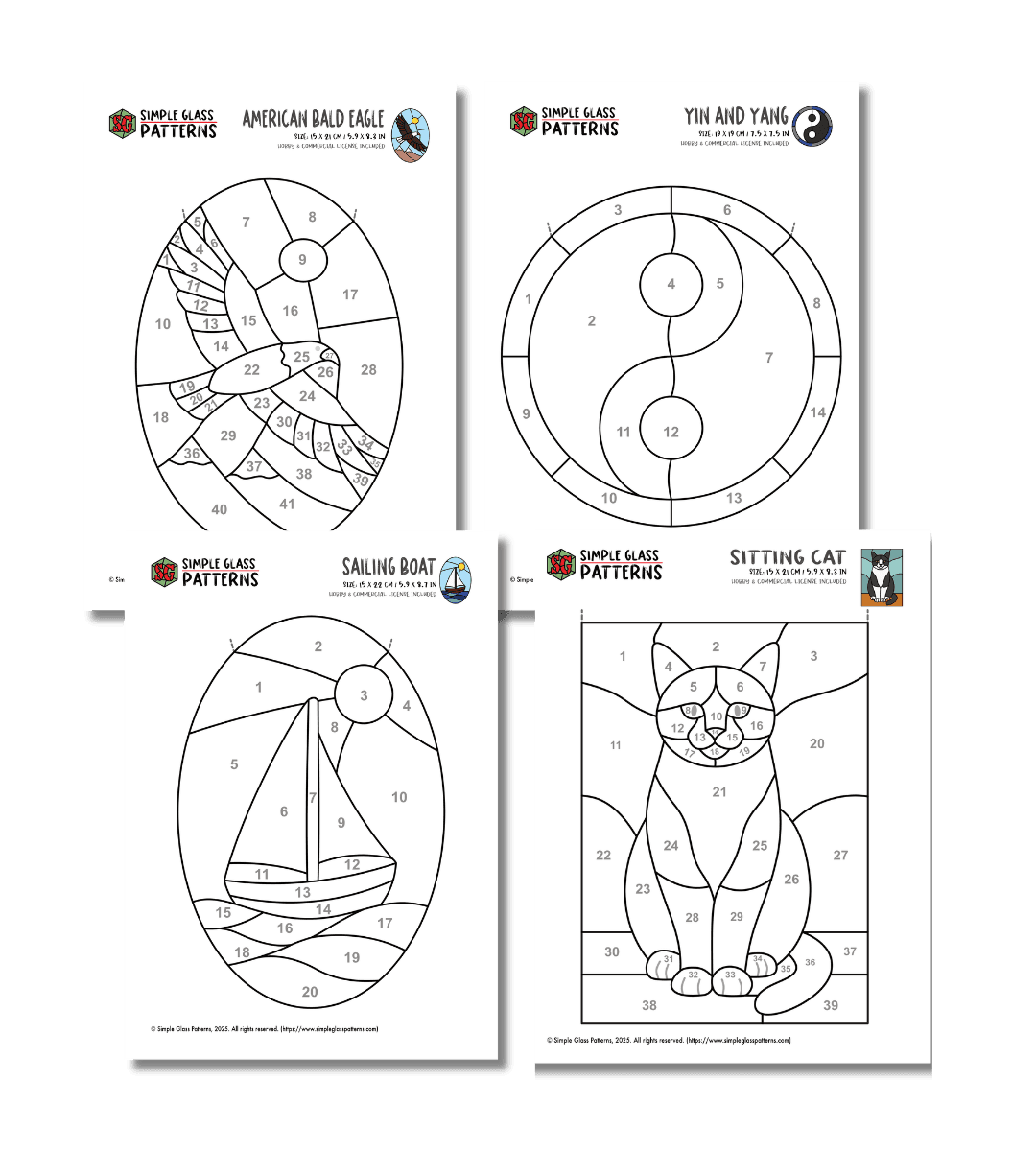 Four printable stained glass pattern previews: an eagle, yin and yang, sailing boat, and sitting cat